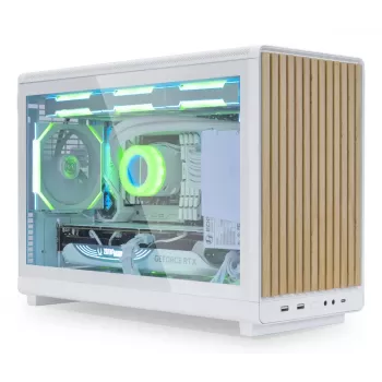 Korpusas Lian Li A3-mATX Micro Tower — Baltas su Medžiu, palaiko ATX/SFX/SFX-L maitinimo blokus, Micro-ATX/Micro-ITX, 1x3.5 colio + 2x2.5 colio