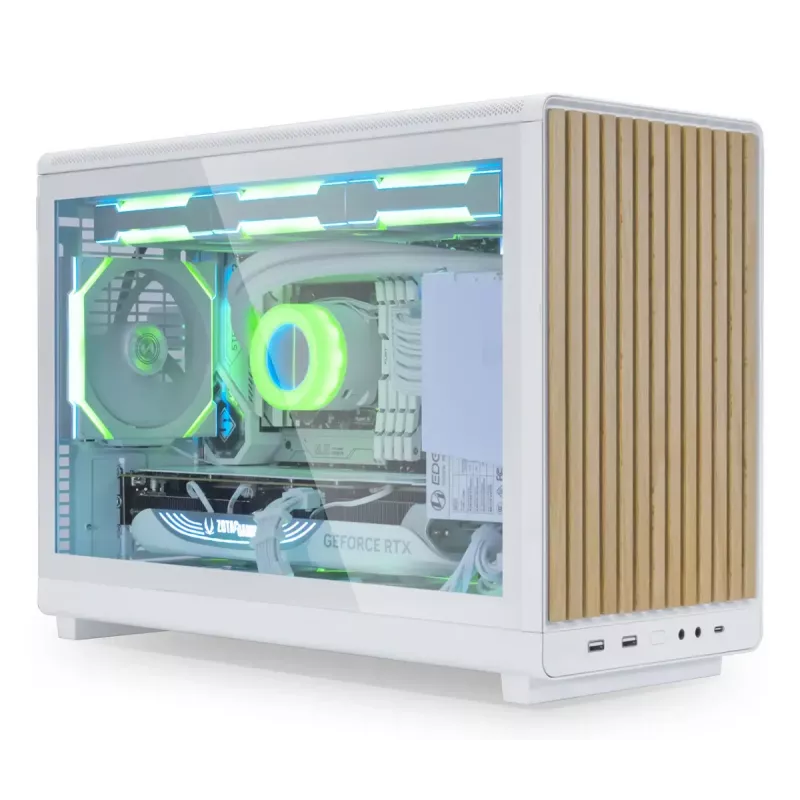 Korpusas Lian Li A3-mATX Micro Tower — Baltas su Medžiu, palaiko ATX/SFX/SFX-L maitinimo blokus, Micro-ATX/Micro-ITX, 1x3.5 colio + 2x2.5 colio