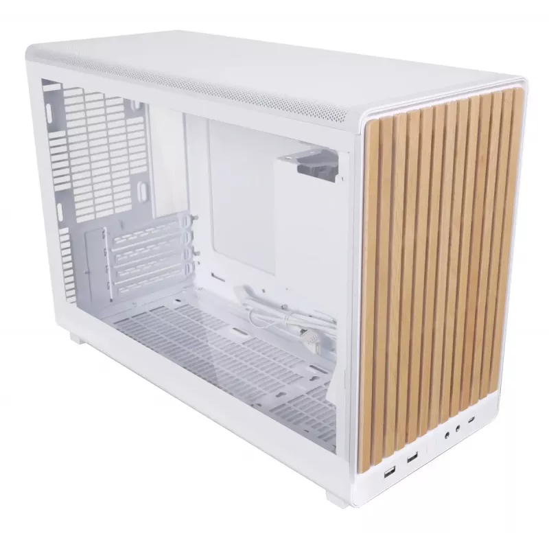 Korpusas Lian Li A3-mATX Micro Tower — Baltas su Medžiu, palaiko ATX/SFX/SFX-L maitinimo blokus, Micro-ATX/Micro-ITX, 1x3.5 colio + 2x2.5 colio