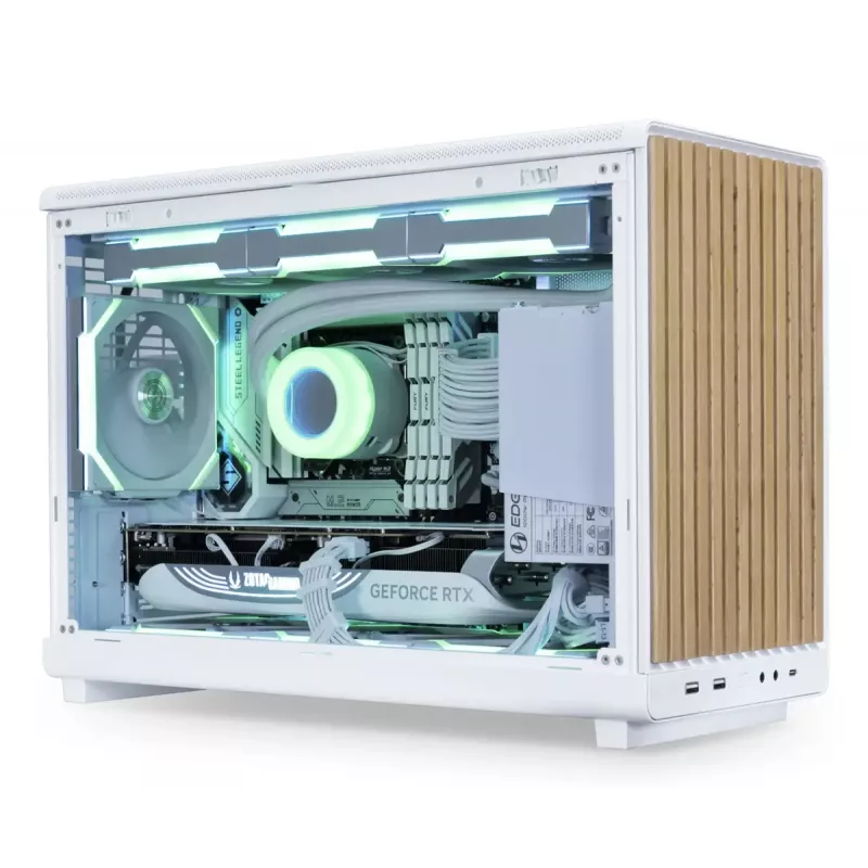 Korpusas Lian Li A3-mATX Micro Tower — Baltas su Medžiu, palaiko ATX/SFX/SFX-L maitinimo blokus, Micro-ATX/Micro-ITX, 1x3.5 colio + 2x2.5 colio