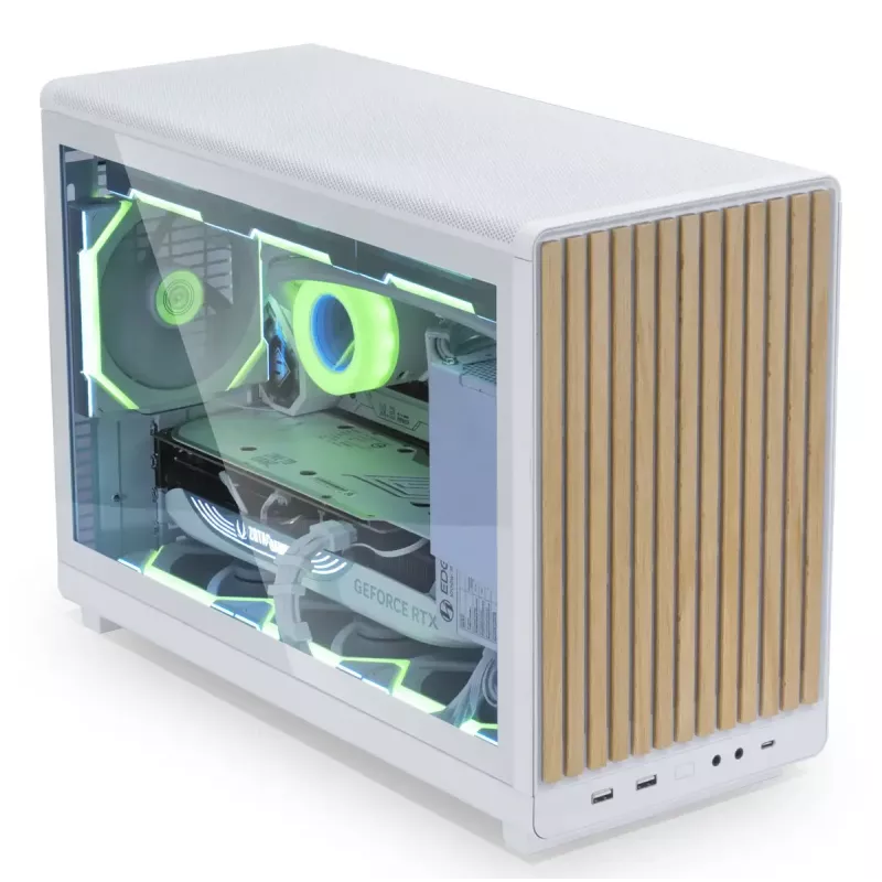 Korpusas Lian Li A3-mATX Micro Tower — Baltas su Medžiu, palaiko ATX/SFX/SFX-L maitinimo blokus, Micro-ATX/Micro-ITX, 1x3.5 colio + 2x2.5 colio