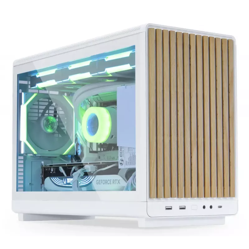Korpusas Lian Li A3-mATX Micro Tower — Baltas su Medžiu, palaiko ATX/SFX/SFX-L maitinimo blokus, Micro-ATX/Micro-ITX, 1x3.5 colio + 2x2.5 colio