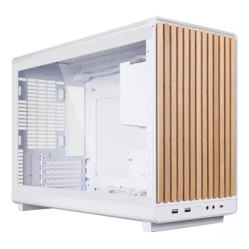 Korpusas Lian Li A3-mATX Micro Tower — Baltas su Medžiu, palaiko ATX/SFX/SFX-L maitinimo blokus, Micro-ATX/Micro-ITX, 1x3.5 colio + 2x2.5 colio