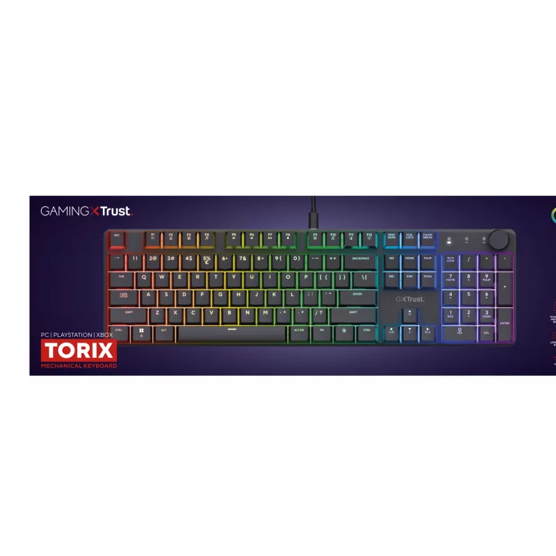 Trust GXT 866 Torix 24910 mechaninė žaidimų klaviatūra, laidinė USB, su apšvietimu, QWERTY US International, juoda