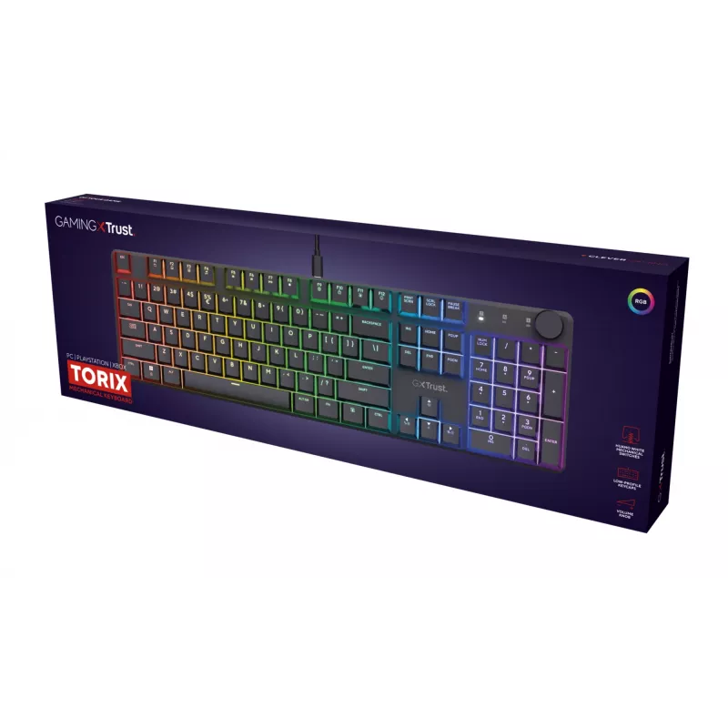 Trust GXT 866 Torix 24910 mechaninė žaidimų klaviatūra, laidinė USB, su apšvietimu, QWERTY US International, juoda