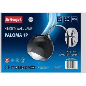 Sieninis šviestuvas ActiveJet AJE-PALOMA 1P – vieno lizdo E27 sieninė lempa, 1x40W, sidabrinis su juodu stiklu