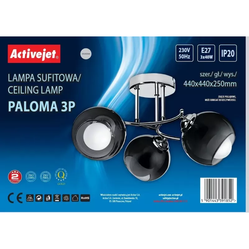 Pakabinamas lubinis šviestuvas ActiveJet AJE-PALOMA 3P E27, 3×40W, sidabrinis, IP20, 440×250 mm
