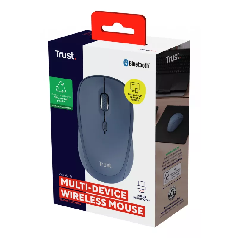 Trust Yvi+ pelė universali ambidekstrinė RF belaidė + Bluetooth optinė 1600 DPI