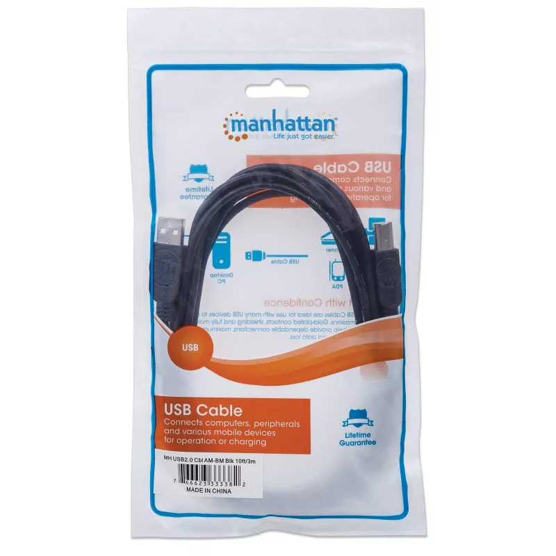 Manhattan USB-A į USB-B laidas, 3 m, vyriškas į vyrišką, 480 Mbps (USB 2.0), Hi-Speed USB, juodas, garantija visam laikui