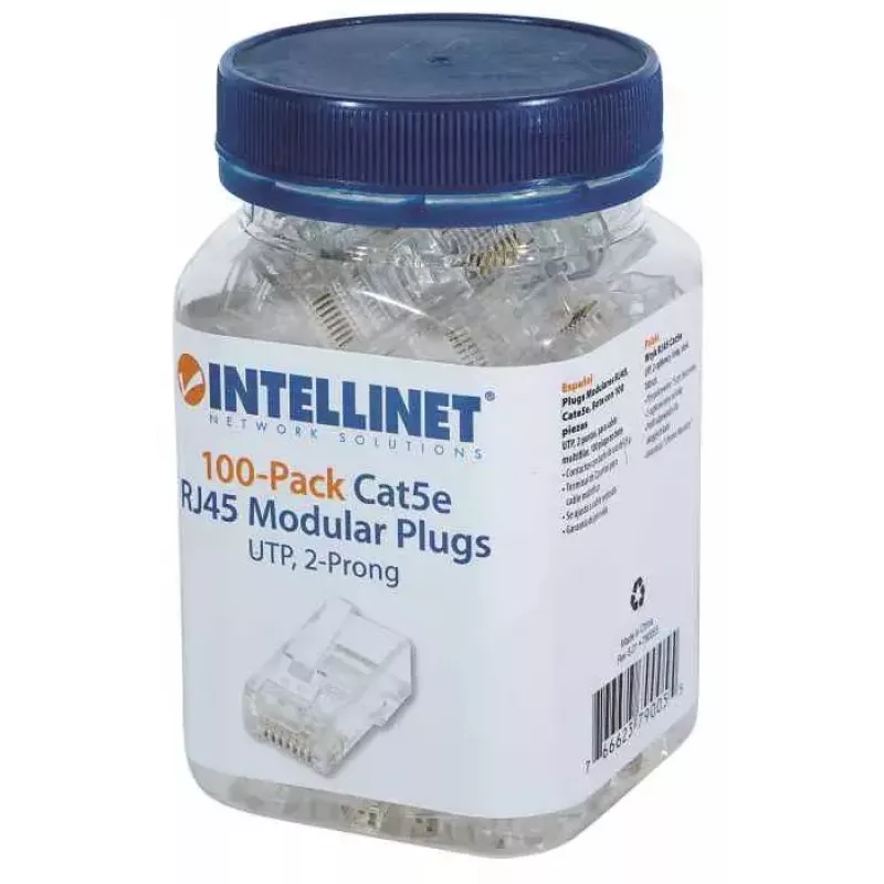 Intellinet RJ45 kištukai, Cat5e, UTP, 2 kontaktai, vytai gyslai, 15 µ auksuoti kontaktai, 100 vnt.