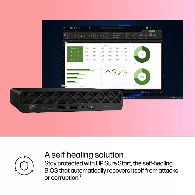 HP ProDesk 4 Mini G1i AI mažasis kompiuteris BY7D1ET – Intel Core Ultra 7 265T, 16 GB DDR5-5600, 1 TB SSD, Intel Graphics, Windows 11 Pro, juodas