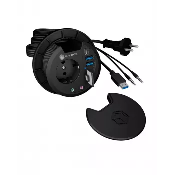 ICY BOX IB-HUB1430-CR įmontuojamas stalo kištukinis lizdas su USB prievadais, juodas