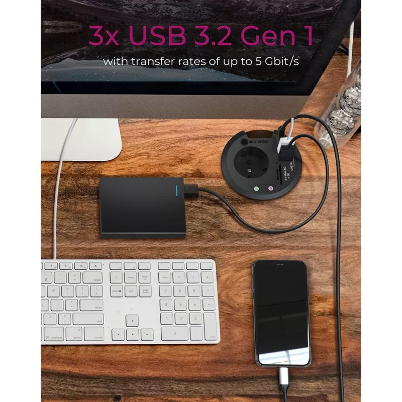 ICY BOX IB-HUB1430-CR įmontuojamas stalo kištukinis lizdas su USB prievadais, juodas