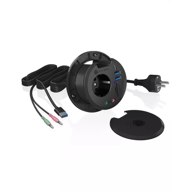 ICY BOX IB-HUB1430-CR įmontuojamas stalo kištukinis lizdas su USB prievadais, juodas