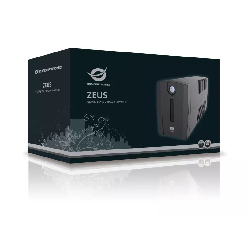 Conceptronic ZEUS01ES UPS, 650 VA (0,65 kVA), 360 W, 2x Schuko, HID USB, RJ45 įvestis/išvestis, 220-240 V, juodas