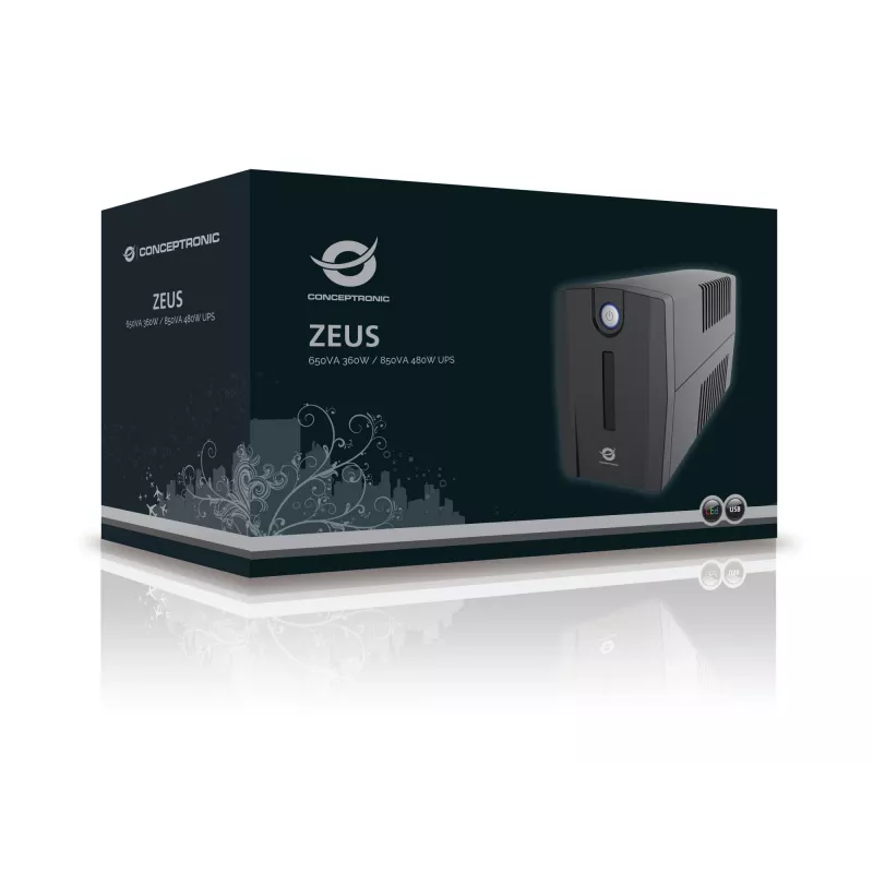 Conceptronic ZEUS02ES linijiškai interaktyvus UPS, 850 VA (0,85 kVA), 480 W, 2x Schuko, HID USB, RJ45 įvestis/išvestis, 220-240 V, juodas