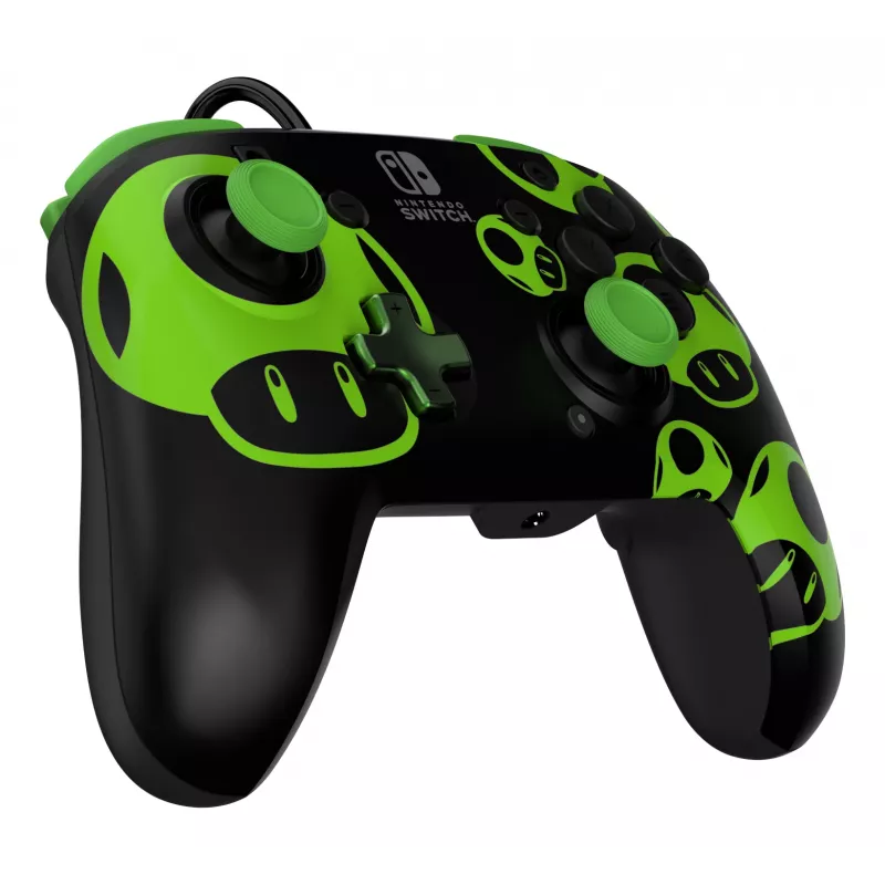 Pultelis PDP REMATCH Wired Controller 1-Up Glow in the Dark, skirtas Nintendo Switch, USB, 3 m laidas, D-pad, Home mygtukas, juoda/žalia