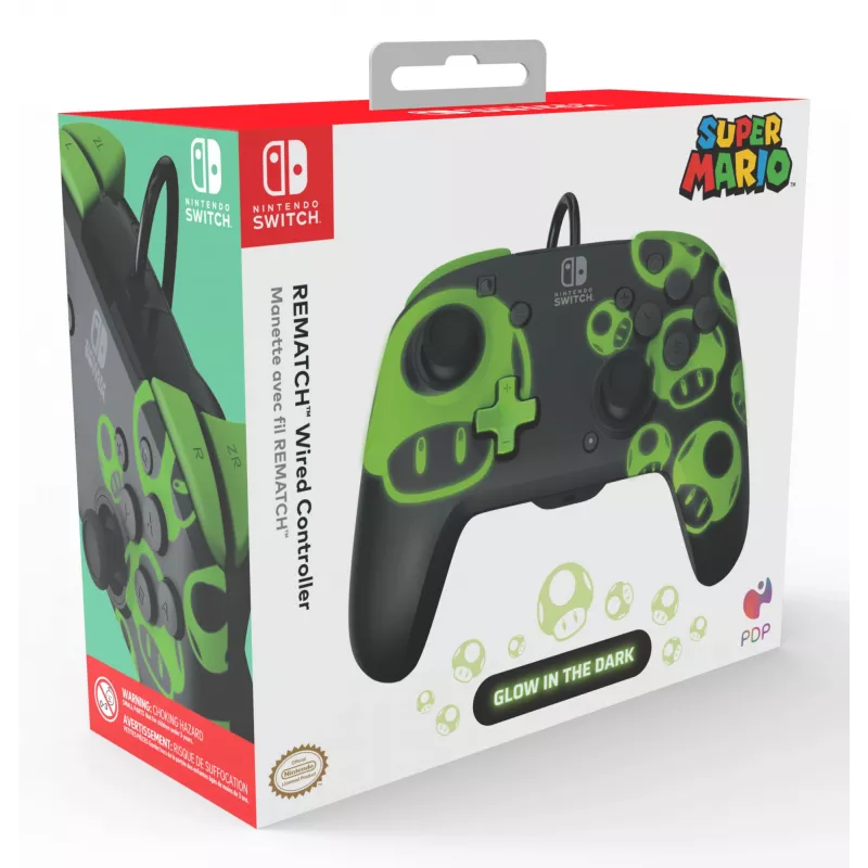 Pultelis PDP REMATCH Wired Controller 1-Up Glow in the Dark, skirtas Nintendo Switch, USB, 3 m laidas, D-pad, Home mygtukas, juoda/žalia