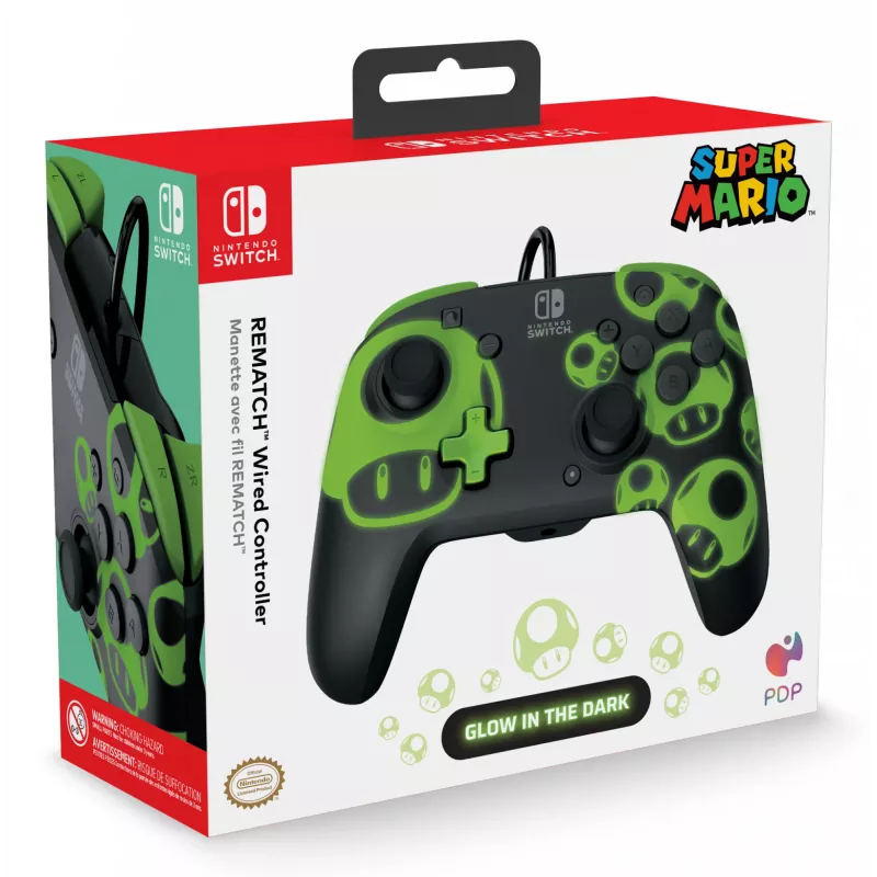 Pultelis PDP REMATCH Wired Controller 1-Up Glow in the Dark, skirtas Nintendo Switch, USB, 3 m laidas, D-pad, Home mygtukas, juoda/žalia