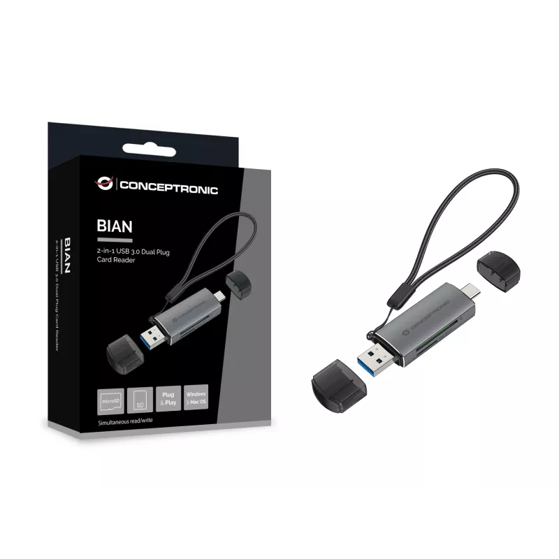 Conceptronic BIAN05G 2-in-1 USB 3.0 dviejų kištukų kortelių skaitytuvas, SD/MicroSD 3.0, UHS-I