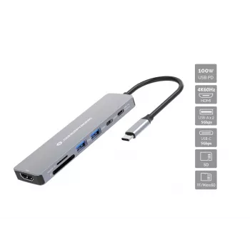 Conceptronic DONN28G 7-in-1 USB 3.2 Gen 1 Dockinė stotelė, 4K60Hz HDMI, USB-A 5Gbps x 2, USB-C 5Gbps, SD, TF/MicroSD, 100W USB PD