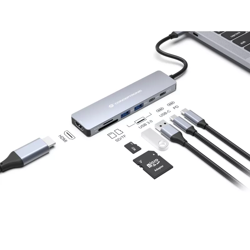 Conceptronic DONN28G 7-in-1 USB 3.2 Gen 1 Dockinė stotelė, 4K60Hz HDMI, USB-A 5Gbps x 2, USB-C 5Gbps, SD, TF/MicroSD, 100W USB PD