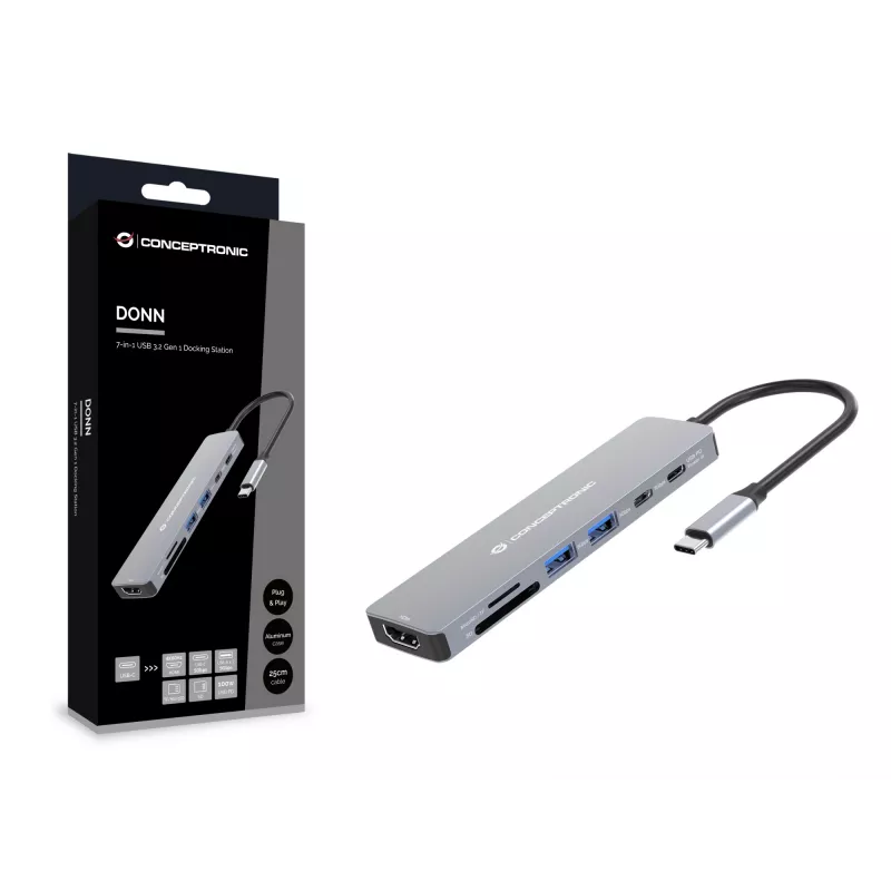 Conceptronic DONN28G 7-in-1 USB 3.2 Gen 1 Dockinė stotelė, 4K60Hz HDMI, USB-A 5Gbps x 2, USB-C 5Gbps, SD, TF/MicroSD, 100W USB PD