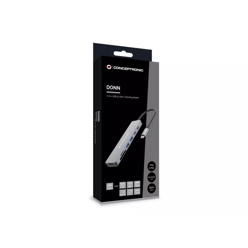Conceptronic DONN28G 7-in-1 USB 3.2 Gen 1 Dockinė stotelė, 4K60Hz HDMI, USB-A 5Gbps x 2, USB-C 5Gbps, SD, TF/MicroSD, 100W USB PD
