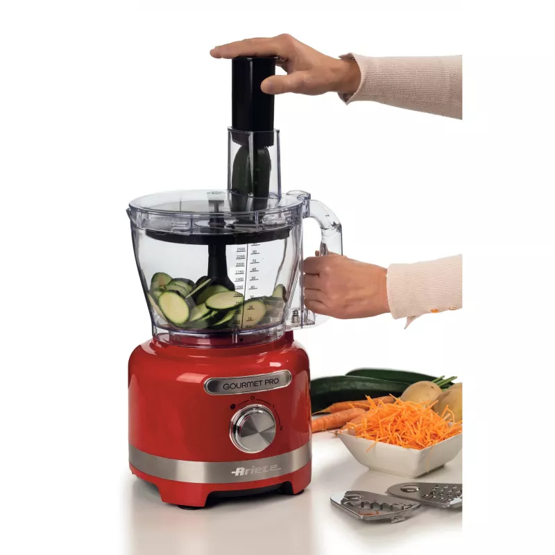 Ariete 1782 Gourmet Pro Moderna virtuvinis kombainas, 3 l pjaustymo indas, 2 l blenderis, 2 greičiai + Pulse, peilių rinkinys + nerūdijančio plieno diskas, sulčiaspaudės priedas, raudona