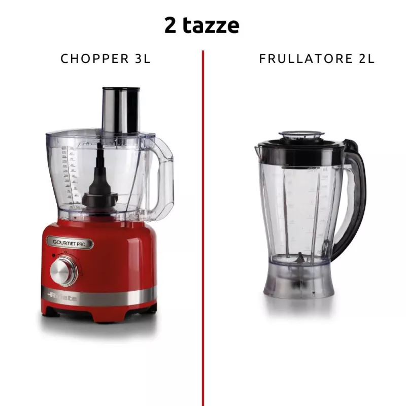 Ariete 1782 Gourmet Pro Moderna virtuvinis kombainas, 3 l pjaustymo indas, 2 l blenderis, 2 greičiai + Pulse, peilių rinkinys + nerūdijančio plieno diskas, sulčiaspaudės priedas, raudona