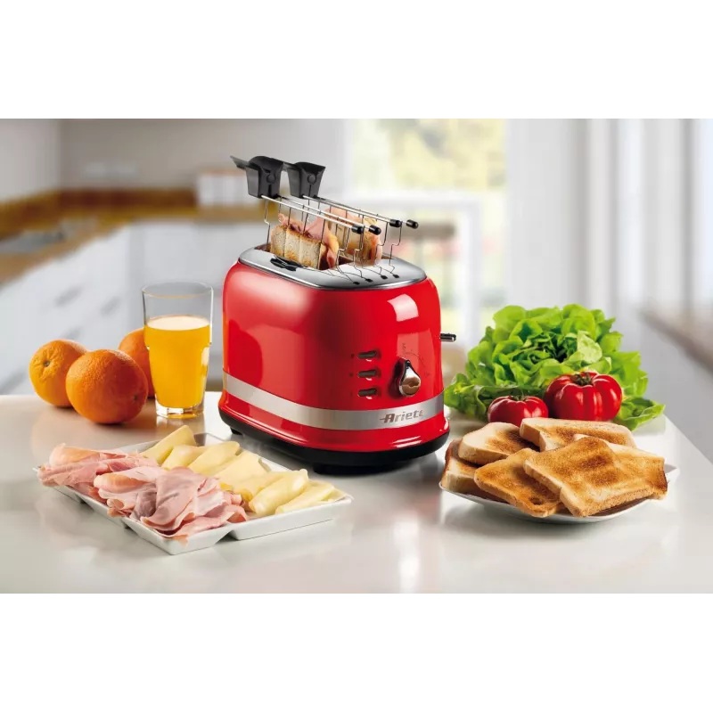 Ariete 149 skrudintuvas su žnyplėmis 2 riekelėms duonos – automatinis išstūmimas – atšildymas – 6 skrudinimo laipsniai – 800 W – Modern Line – raudonas