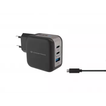 Conceptronic 3 prievadų 67W GaN USB PD įkroviklis su USB-C įkrovimo kabeliu, USB-C x 2, USB-A x 1, QC 3.0, PPS