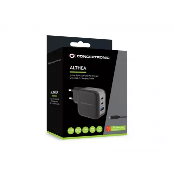 Conceptronic 3 prievadų 67W GaN USB PD įkroviklis su USB-C įkrovimo kabeliu, USB-C x 2, USB-A x 1, QC 3.0, PPS