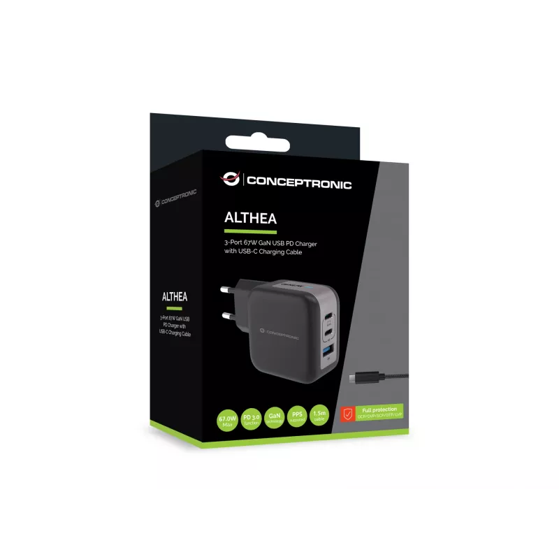Conceptronic 3 prievadų 67W GaN USB PD įkroviklis su USB-C įkrovimo kabeliu, USB-C x 2, USB-A x 1, QC 3.0, PPS