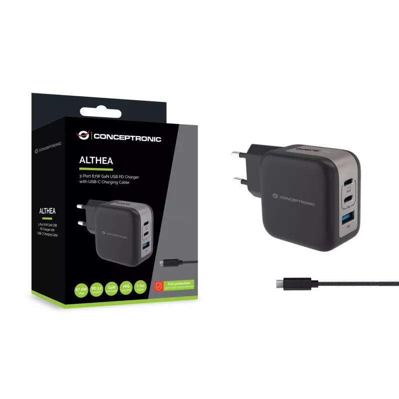 Conceptronic 3 prievadų 67W GaN USB PD įkroviklis su USB-C įkrovimo kabeliu, USB-C x 2, USB-A x 1, QC 3.0, PPS