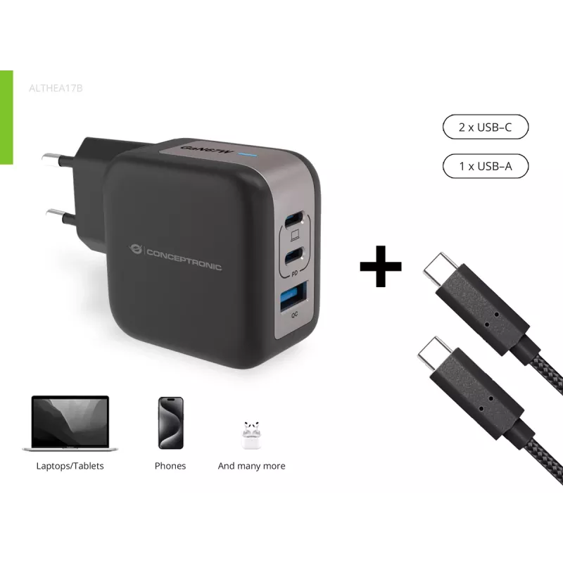 Conceptronic 3 prievadų 67W GaN USB PD įkroviklis su USB-C įkrovimo kabeliu, USB-C x 2, USB-A x 1, QC 3.0, PPS