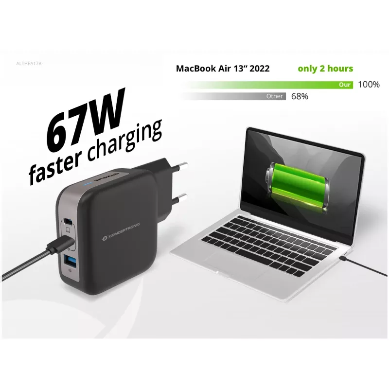 Conceptronic 3 prievadų 67W GaN USB PD įkroviklis su USB-C įkrovimo kabeliu, USB-C x 2, USB-A x 1, QC 3.0, PPS