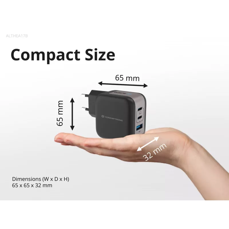Conceptronic 3 prievadų 67W GaN USB PD įkroviklis su USB-C įkrovimo kabeliu, USB-C x 2, USB-A x 1, QC 3.0, PPS