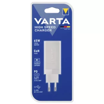 Varta High Speed Charger 65 W greitasis įkroviklis su USB-A ir USB-C prievadais, baltas