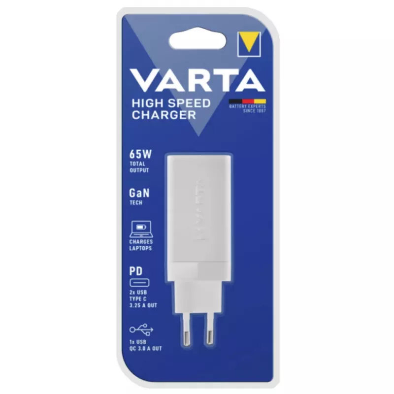 Varta High Speed Charger 65 W greitasis įkroviklis su USB-A ir USB-C prievadais, baltas