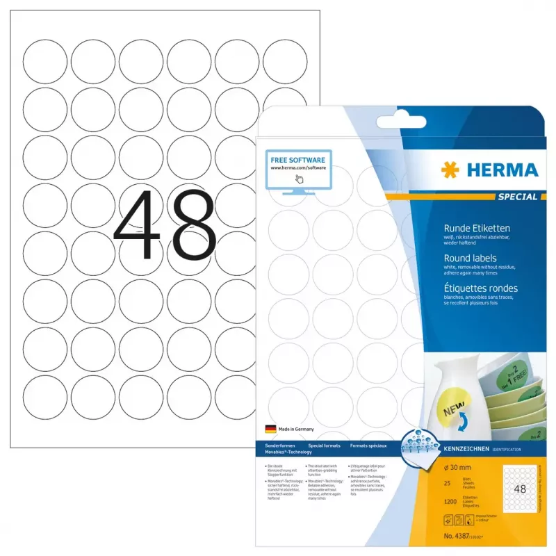 Lipnios etiketės HERMA Nuimamos A4 Ø 30 mm 1200 vnt.