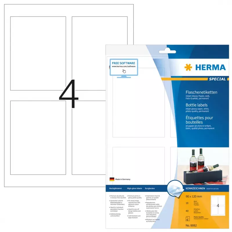 Lipnūs etikečių lapai HERMA butelių etiketės A4 rašaliniams spausdintuvams 90x120 mm