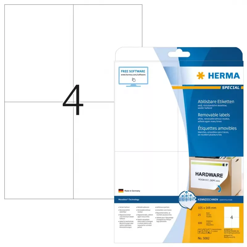 Nuimamos etiketės HERMA 5082 A4 105x148 mm baltos