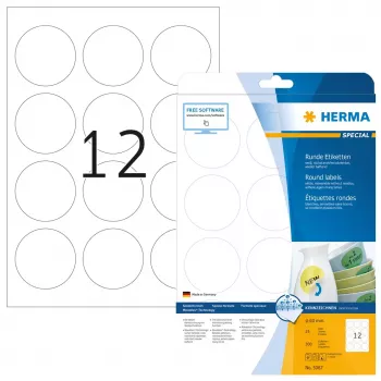 Lipnios etiketės HERMA 5067 A4 Ø 60 mm apvalios baltos