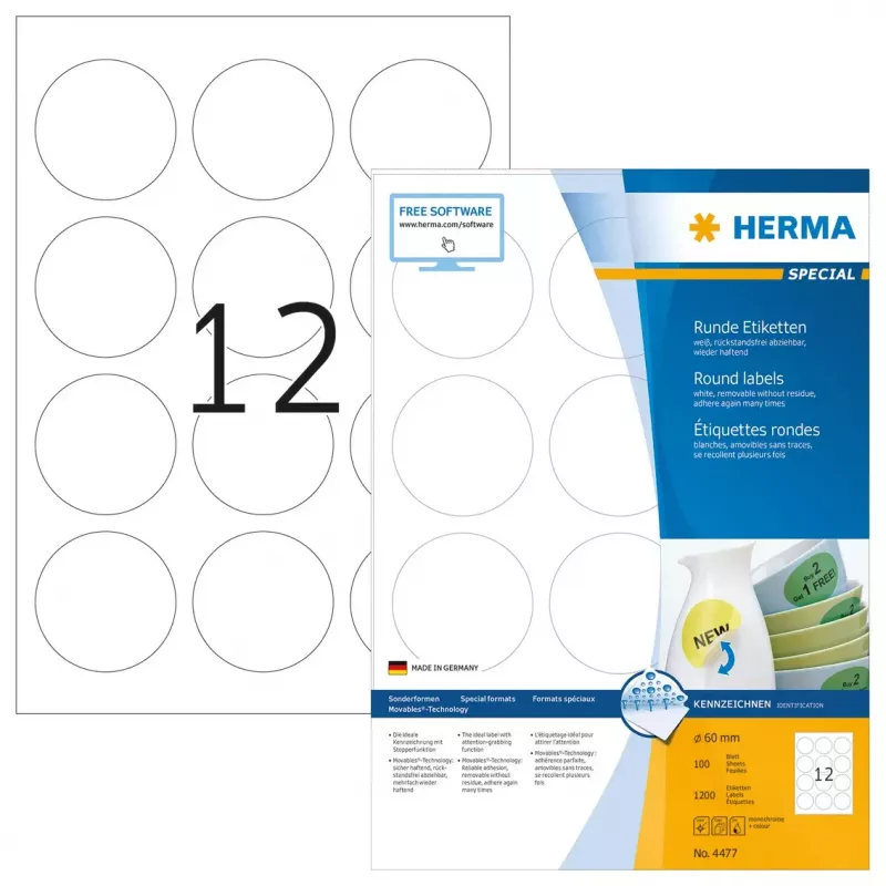 Lipnūs etikečių lapai HERMA Nuimamos etiketės A4 Ø 60 mm