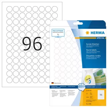 Lipnios etiketės HERMA Removable A4 Ø 20 mm apvalios baltos