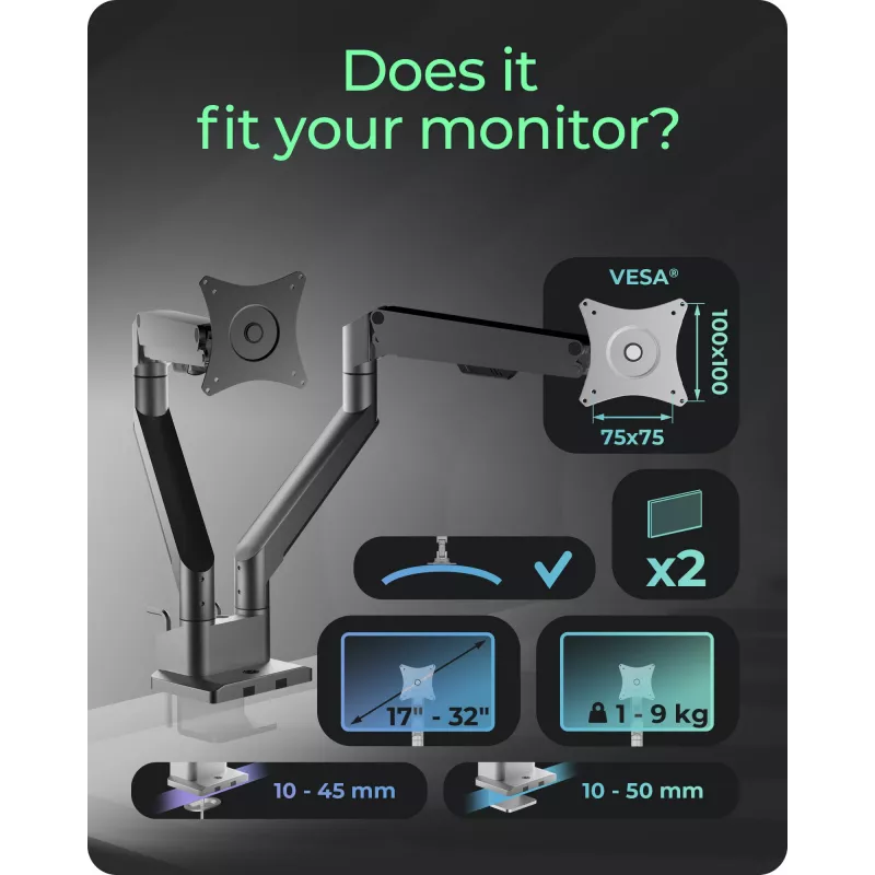 Monitorų stovas icybox 61085 dviems monitoriams su stalo tvirtinimu