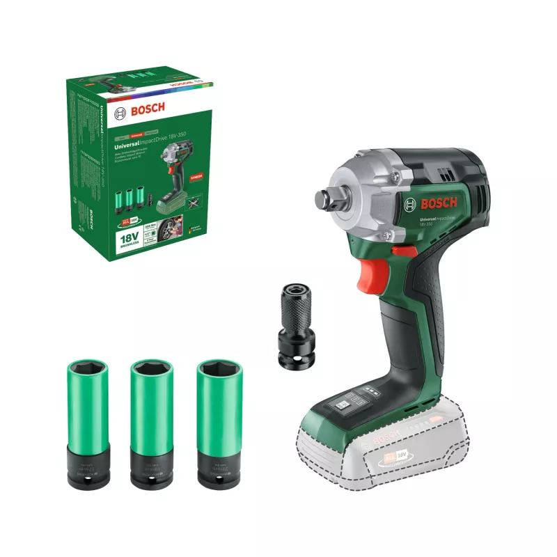 Bosch UniversalImpactDrive 18V-350 (Belaidis veržliasukis, be akumuliatoriaus) + Hex adapteris + 3 veržlės 17, 19, 21 mm