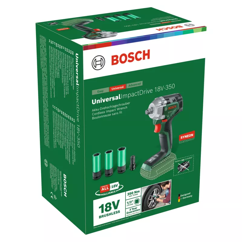 Bosch UniversalImpactDrive 18V-350 (Belaidis veržliasukis, be akumuliatoriaus) + Hex adapteris + 3 veržlės 17, 19, 21 mm