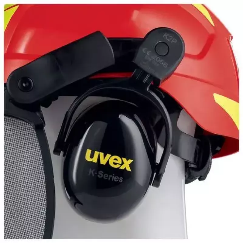 Apsauginis šalmas su veido skydu ir klausos apsauga Uvex 9774238 iš HDPE raudonas/geltonas